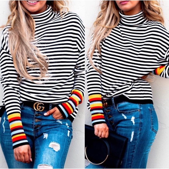 LAST ONE! Black & White Striped Turtleneck Sweater - Picture 3 of 8